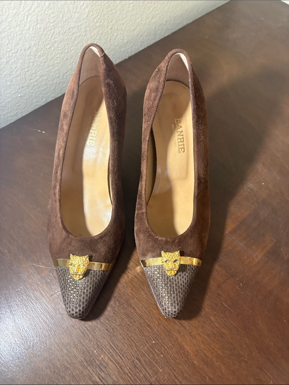 Brown Suede Pointed Toe Pumps with Gold Accent 7.5